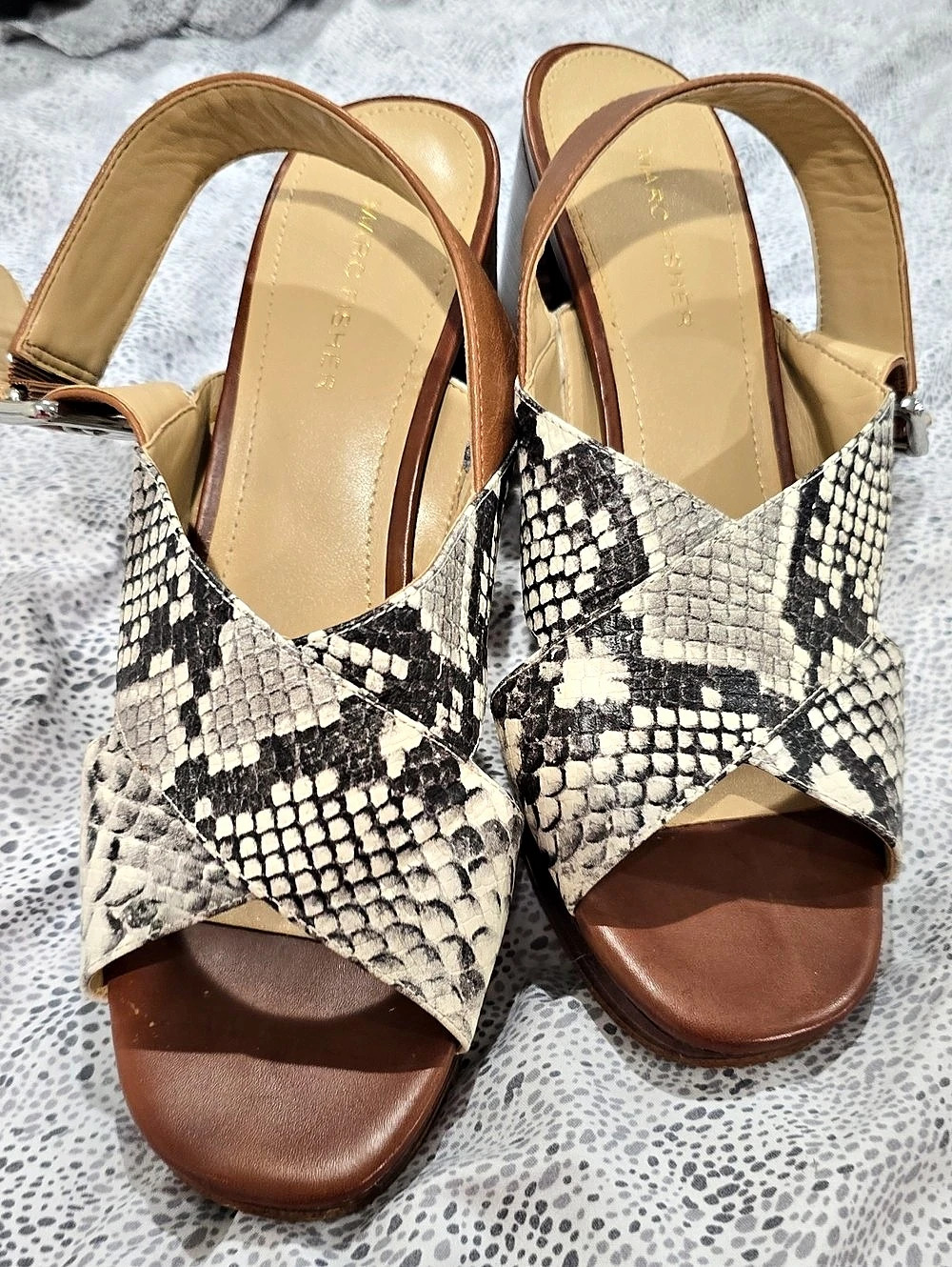 Marc Fisher Animal Print Block Heel Sandals in Brown & Black
